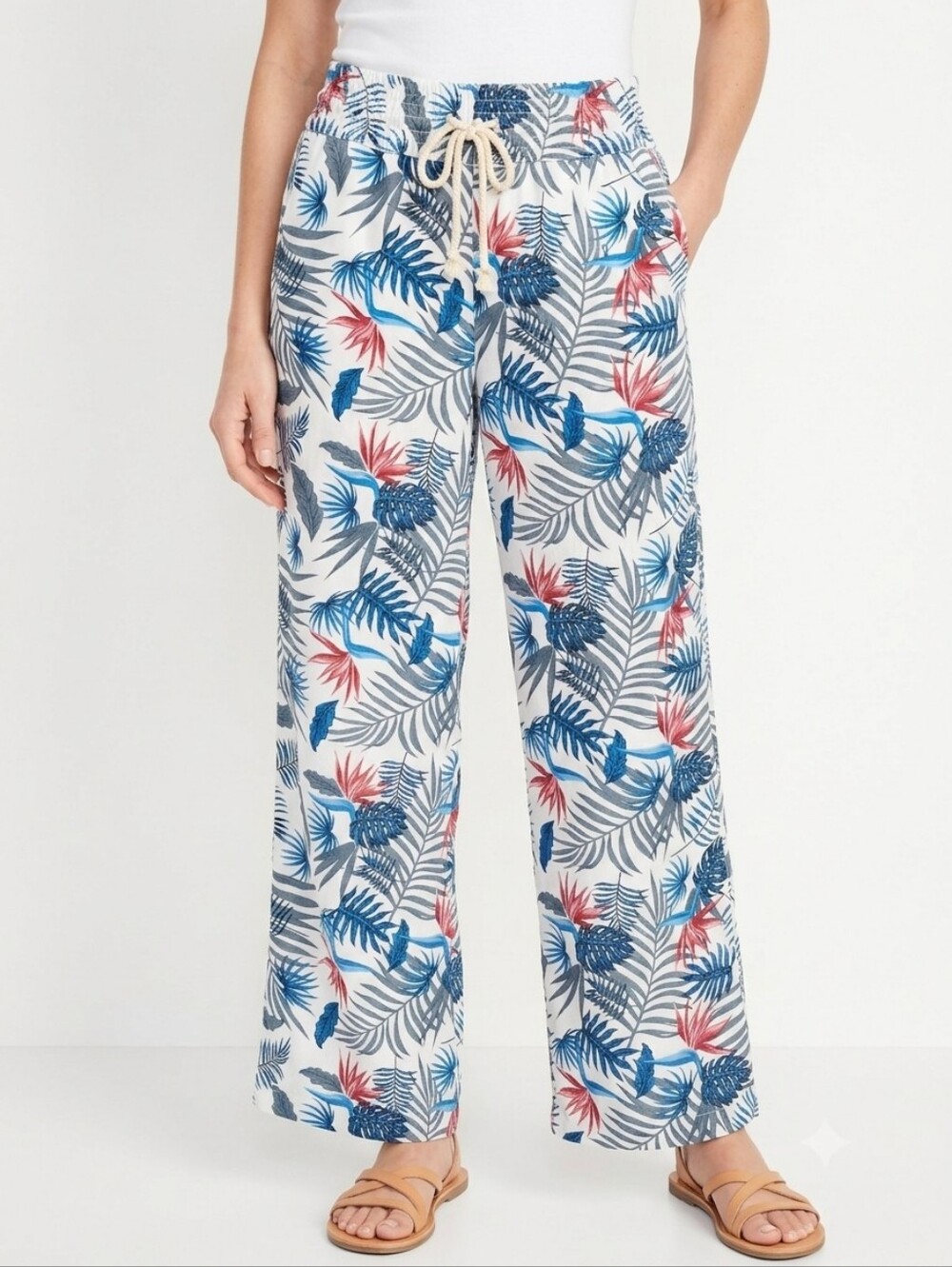 April Kiss Tropical Print Linen Blend Wide Leg Beach Pants S Resortwear Boho
